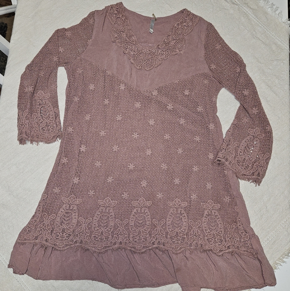 Maria Rerio Fairycore Mauve Crochet Lace Tunic Top Bell Sleeve Size L